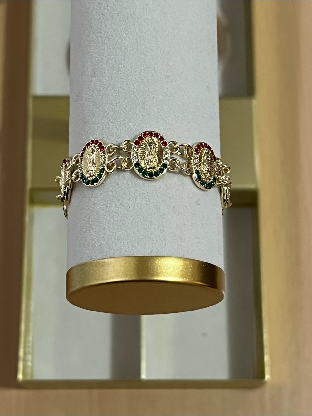 Gold Religious Medal Bracelet with Red & Green Crystal Accents